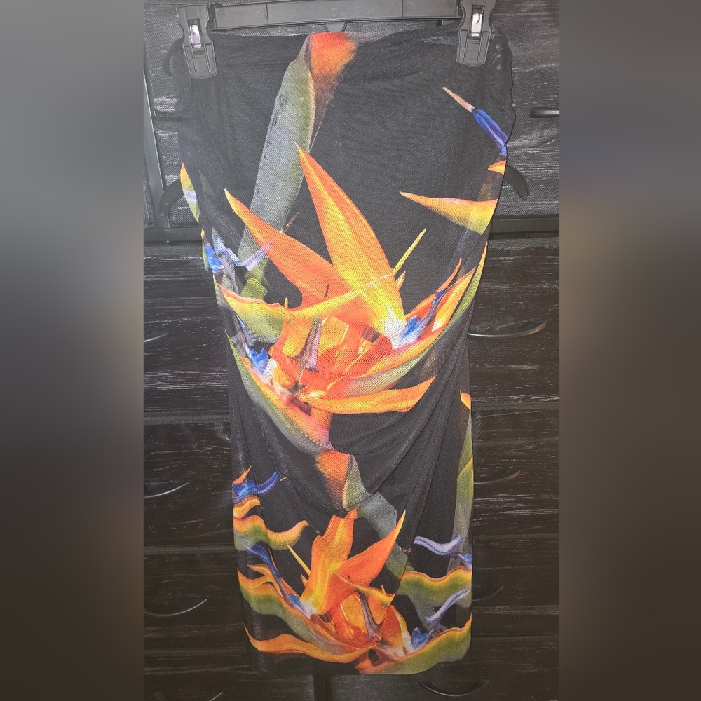 Tropical Floral Print Skirt With Slit On Side